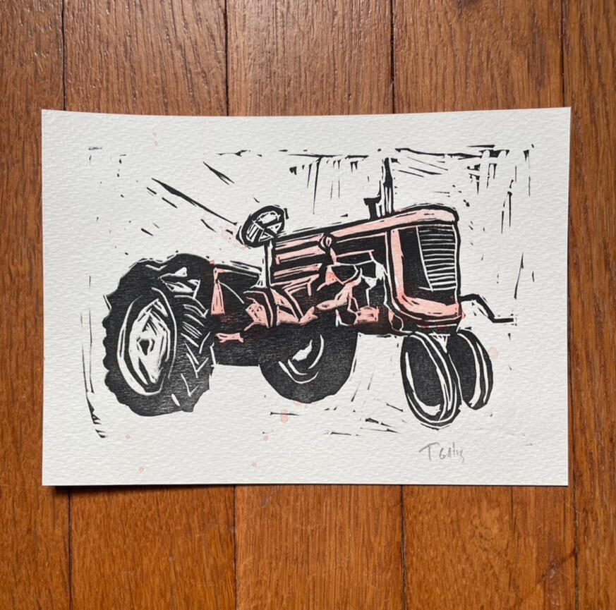 Linocut & Wtarecolor Tractor Linocut & Wtarecolor Tractor